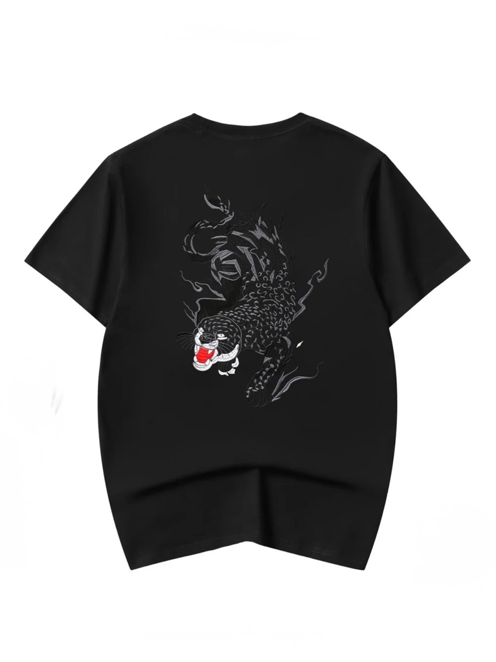 Black Short-Sleeve Tee with Stylized Panther Graphic (KH802), Sz S
